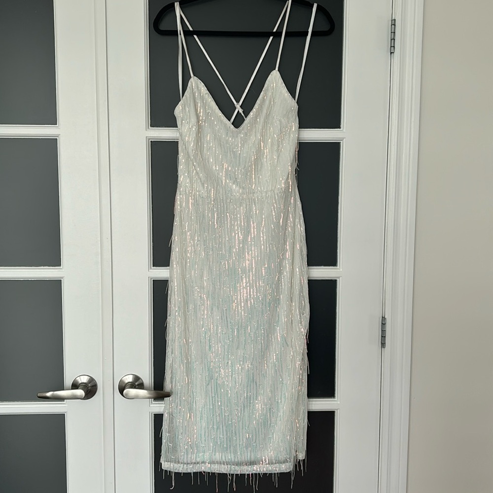 City Triangles Ivory Sequin Midi Dress with Fringe